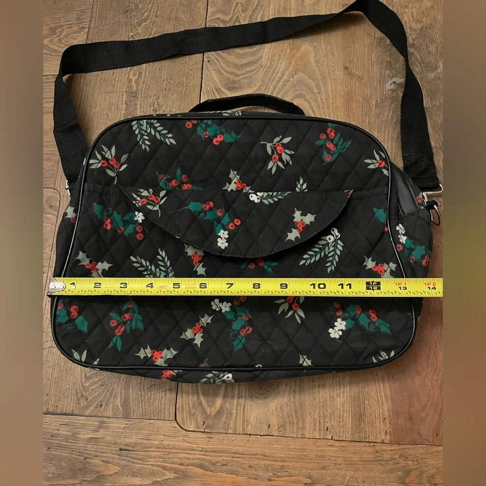 Quilted Women's Bag Black with Green, Red & White Floral Design